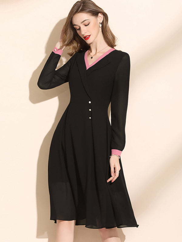 Women’s Long Formal Collared V Neck Dress With Cuffed Sleeves
