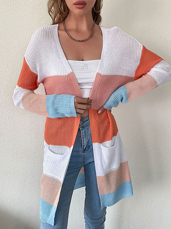 Cardigans - Lightweight Ribbed Block Striped With Front Pockets