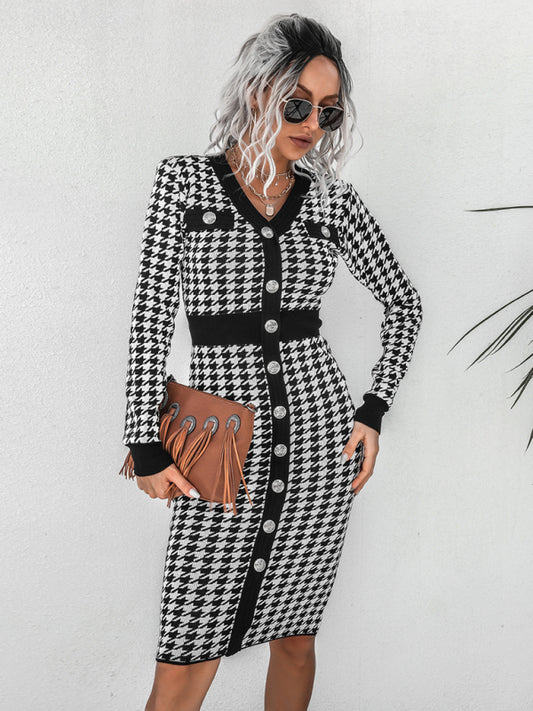 Women’s Button Up Bodycon Retro Checkered Knit Maxi Dress With Long Sleeves