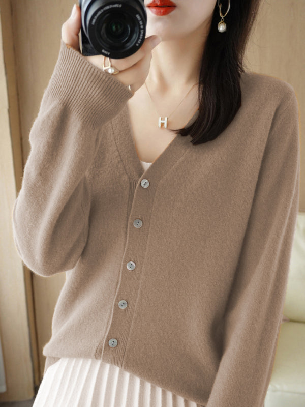 Cardigans - V-neck Button Front Closures Long Sleeves