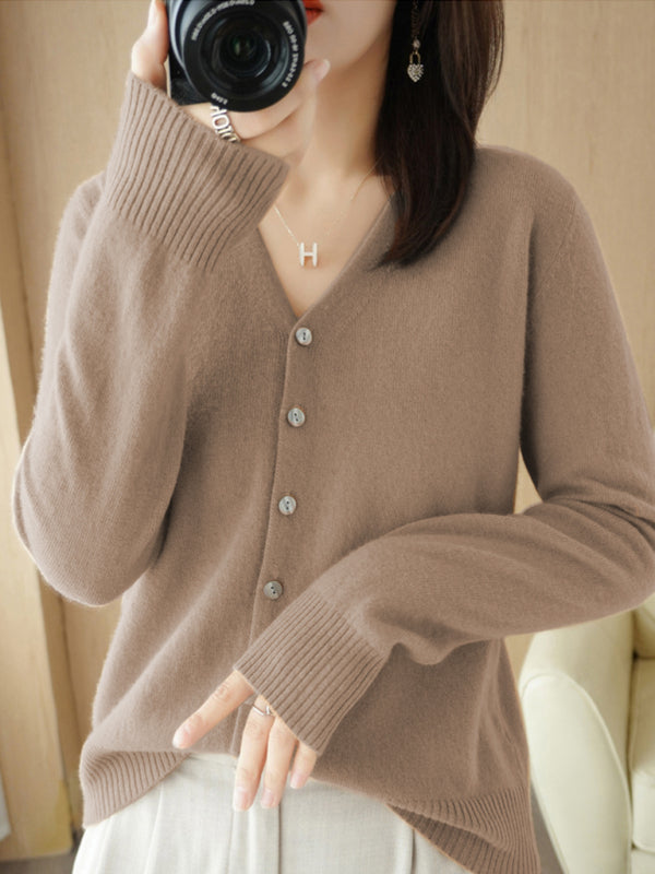 Cardigans - V-neck Button Front Closures Long Sleeves