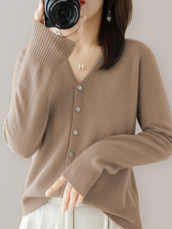Cardigans - V-neck Button Front Closures Long Sleeves
