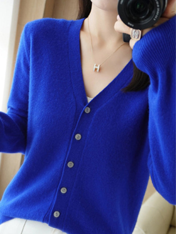 Cardigans - V-neck Button Front Closures Long Sleeves