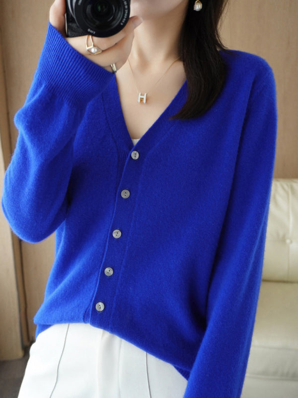 Cardigans - V-neck Button Front Closures Long Sleeves