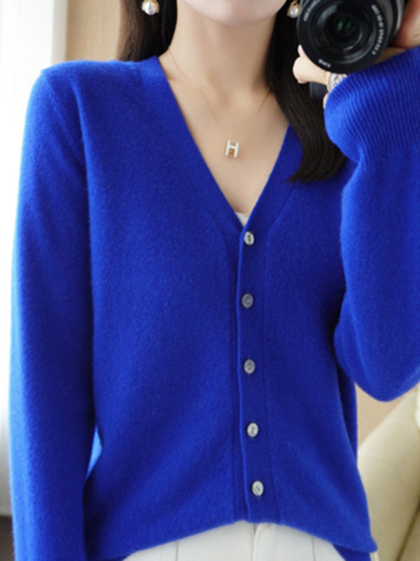 Cardigans - V-neck Button Front Closures Long Sleeves