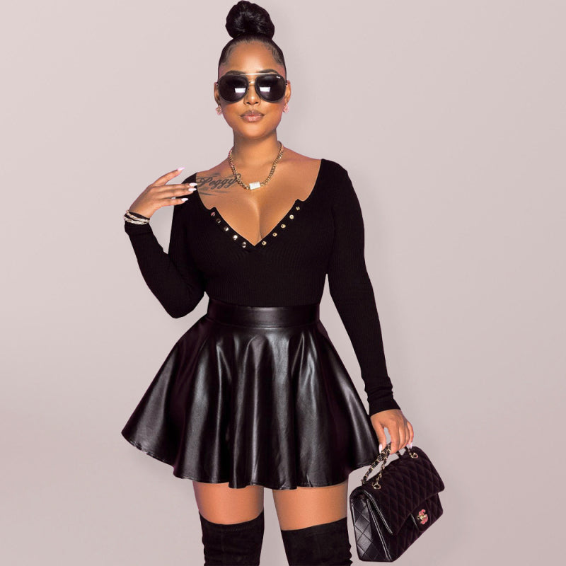 Chic Solid Color PU Leather Swing Women's Mini Skirt