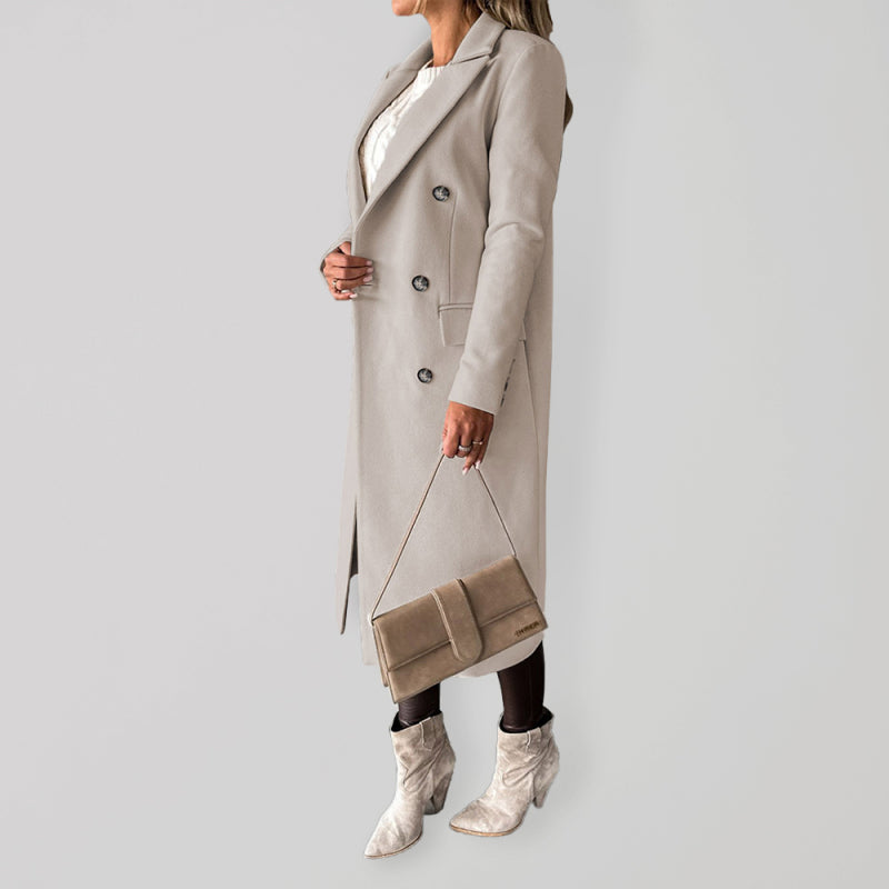 Long-sleeved Double-breasted Pockets - Mid-length elegant Solid Colour