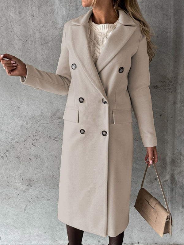 Long-sleeved Double-breasted Pockets - Mid-length elegant Solid Colour