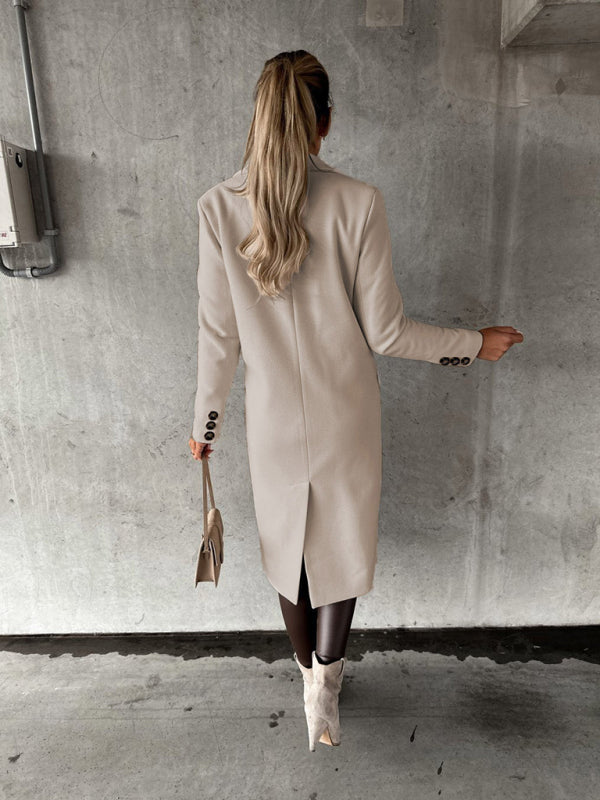 Long-sleeved Double-breasted Pockets - Mid-length elegant Solid Colour