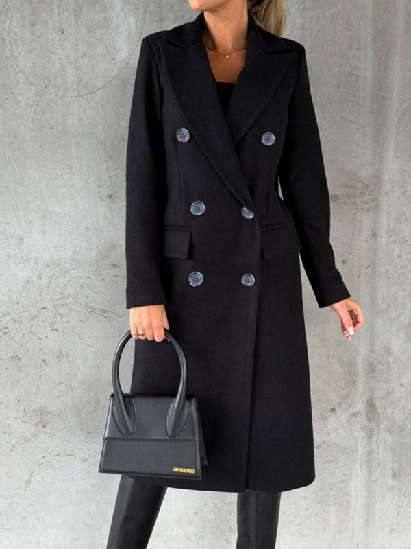 Long-sleeved Double-breasted Pockets - Mid-length elegant Solid Colour