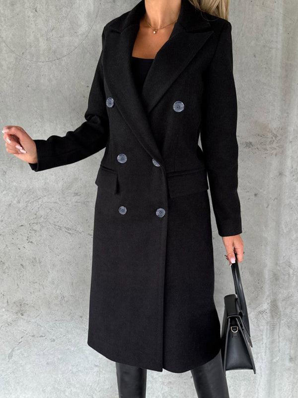 Long-sleeved Double-breasted Pockets - Mid-length elegant Solid Colour
