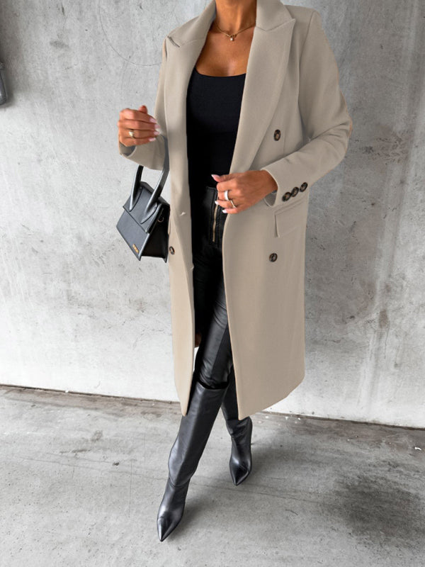 Long-sleeved Double-breasted Pockets - Mid-length elegant Solid Colour