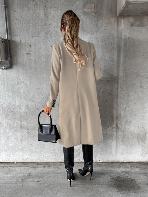 Long-sleeved Double-breasted Pockets - Mid-length elegant Solid Colour