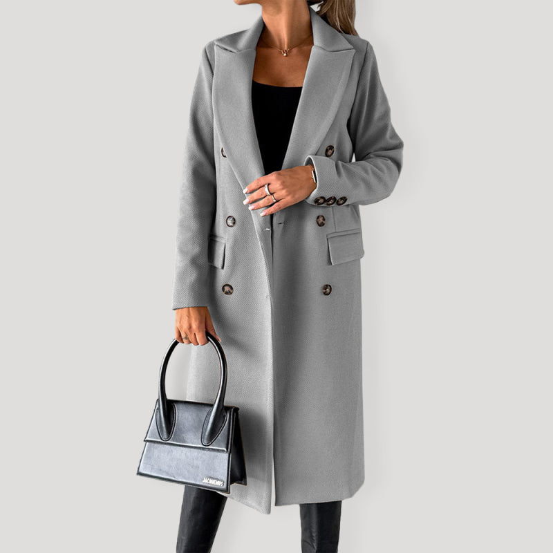 Long-sleeved Double-breasted Pockets - Mid-length elegant Solid Colour