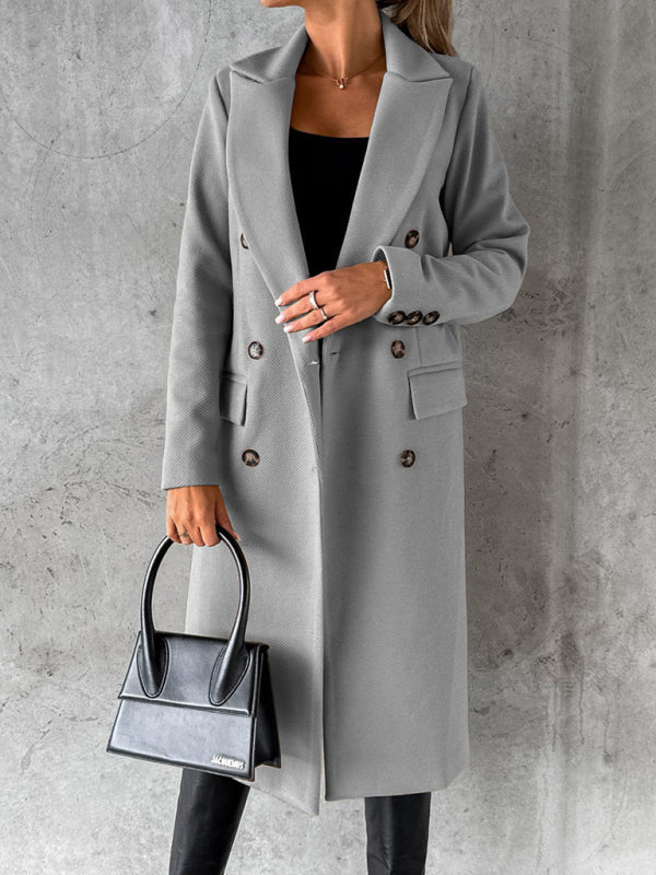 Long-sleeved Double-breasted Pockets - Mid-length elegant Solid Colour
