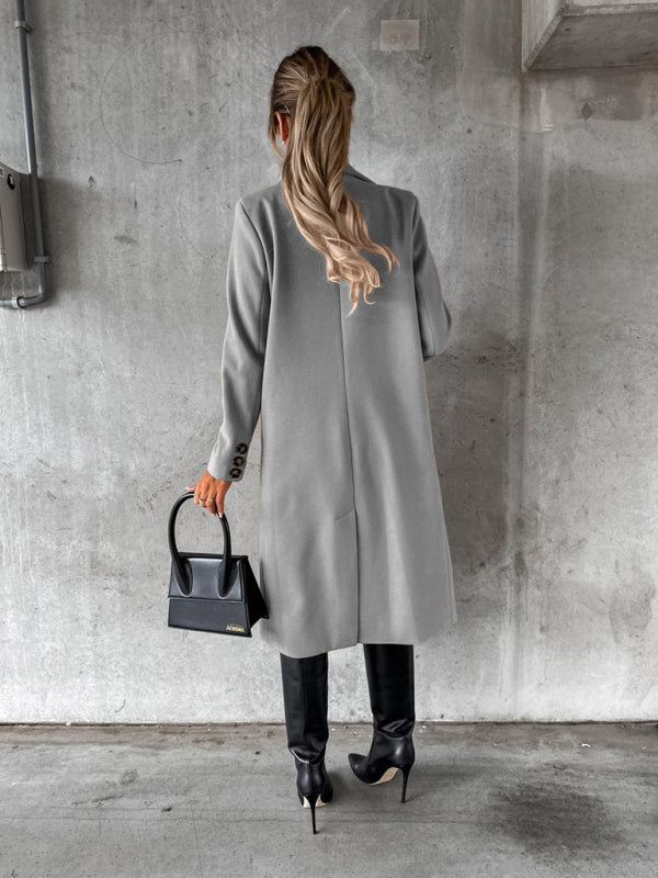 Long-sleeved Double-breasted Pockets - Mid-length elegant Solid Colour