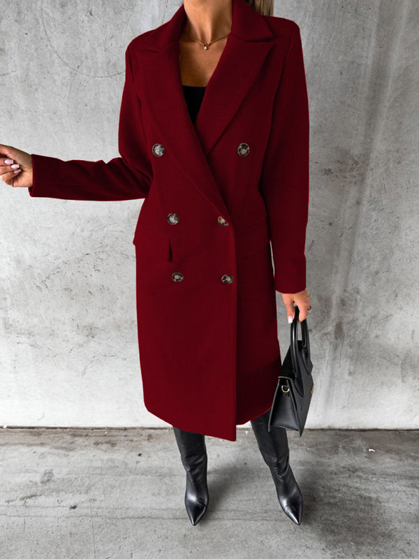 Long-sleeved Double-breasted Pockets - Mid-length elegant Solid Colour