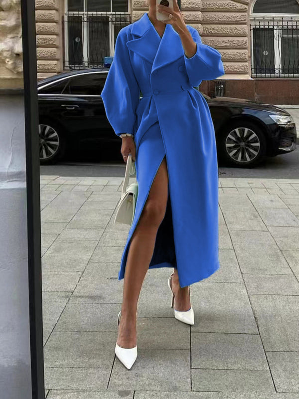 Long Statement Overcoat - Pleated Waist & Lantern Sleeves