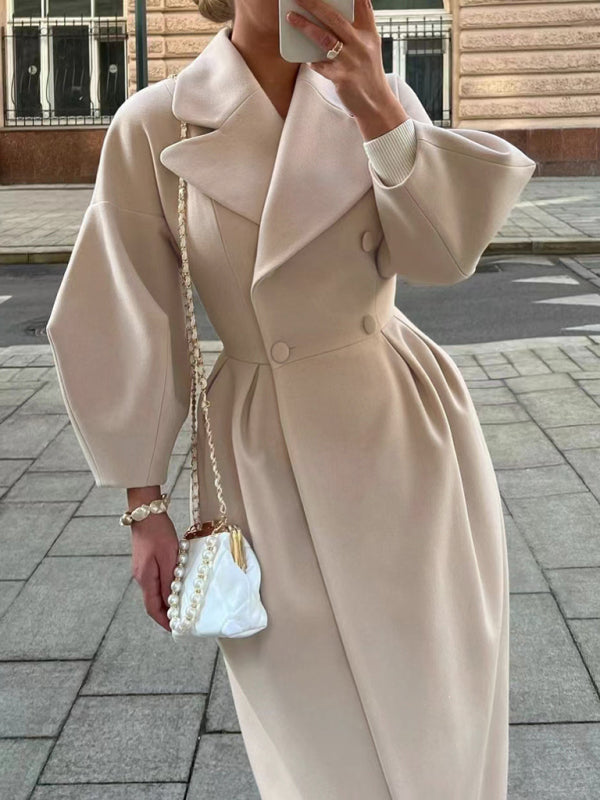 Long Statement Overcoat - Pleated Waist & Lantern Sleeves