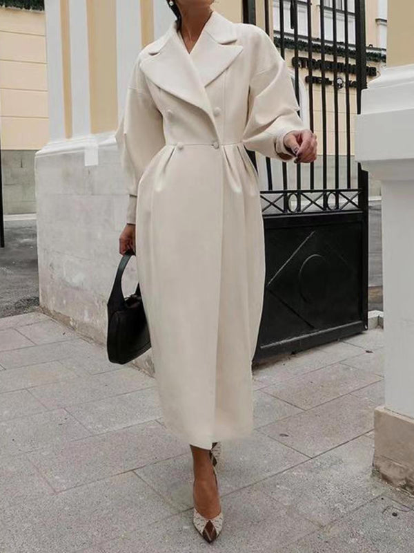 Long Statement Overcoat - Pleated Waist & Lantern Sleeves