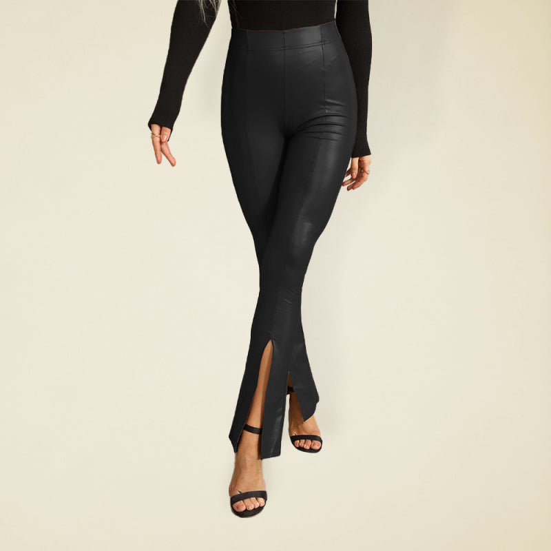 Pull-on Style High Rise Faux Leather Pants With Slits