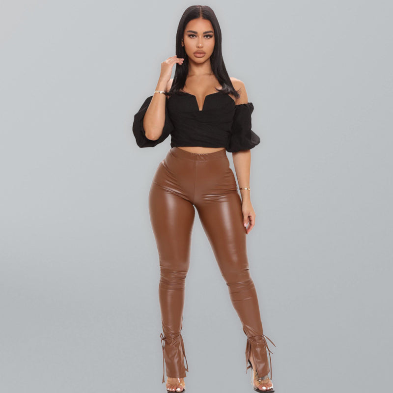 Leather Pants With Adjustable Suspender Straps And Slit