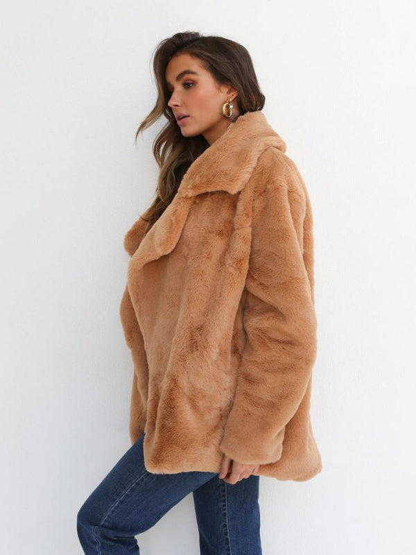 Fur Coat - Solid Color Shawl Collar Faux