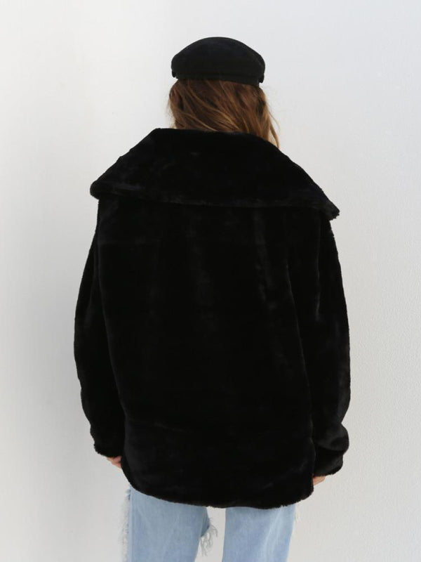 Fur Coat - Solid Color Shawl Collar Faux