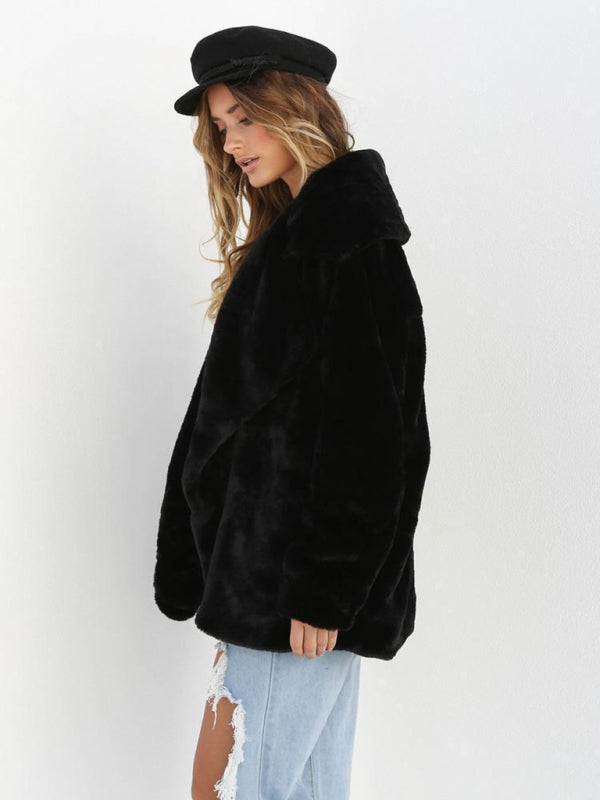 Fur Coat - Solid Color Shawl Collar Faux