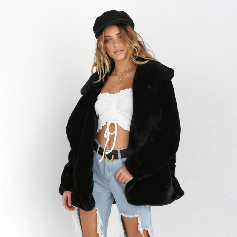 Fur Coat - Solid Color Shawl Collar Faux
