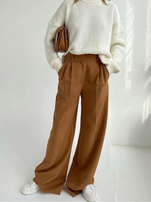 Women’s Wide Leg Solid Color Loose Fit Business Casual Trousers