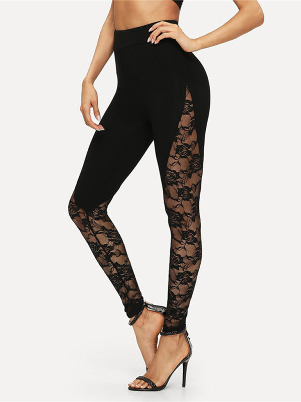 Solid Color Lace Panel Stirrup Leggings