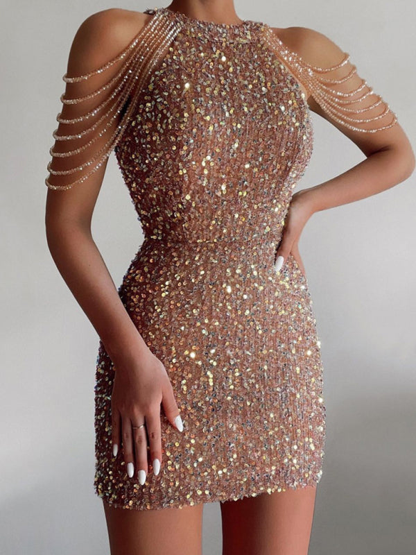 Sequin Chain Beads Shoulder Straps Body-con Minidress
