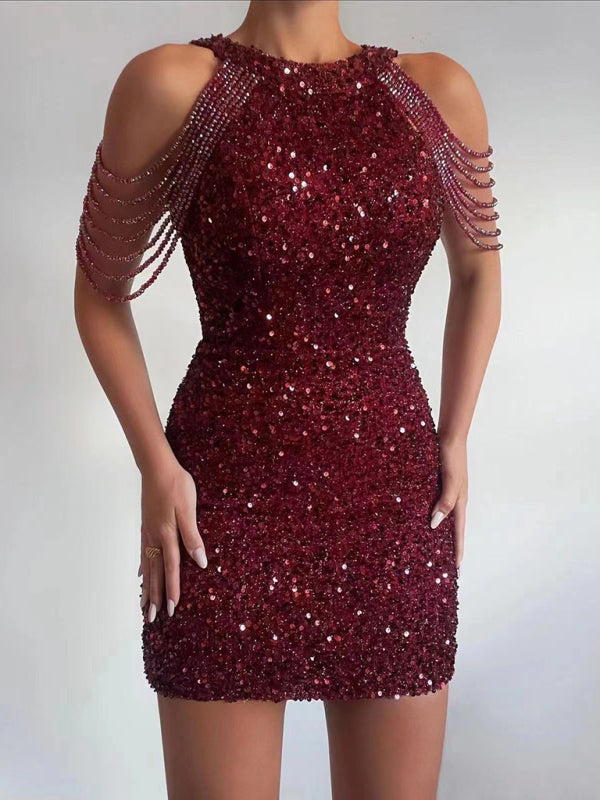 Sequin Chain Beads Shoulder Straps Body-con Minidress
