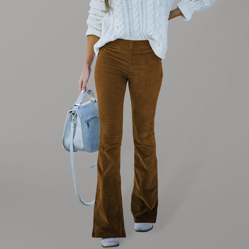 Flared Leg Corduroy Pants - Solid Color Pull On