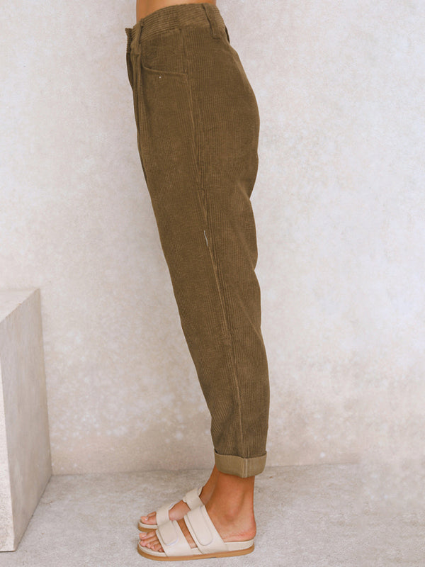 High Waist Lounge Pants Solid Color Corduroy Loose Straight Leg Trousers