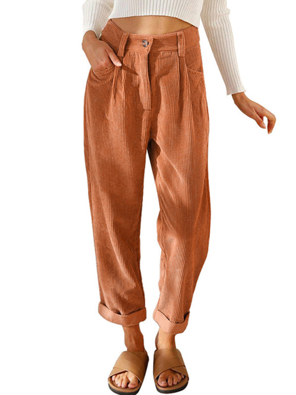 High Waist Lounge Pants Solid Color Corduroy Loose Straight Leg Trousers