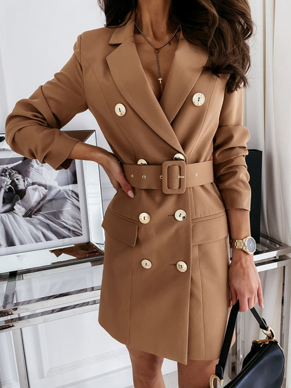 Blazer Dress - Solid Color Double-Breasted Belted