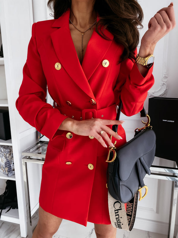 Blazer Dress - Solid Color Double-Breasted Belted