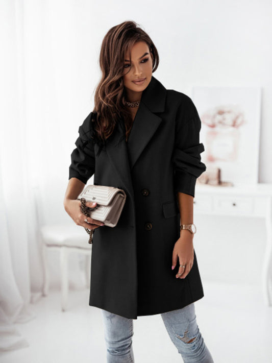 Wool Coat - Double-breasted Solid Colour