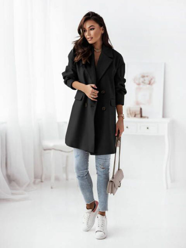 Wool Coat - Double-breasted Solid Colour