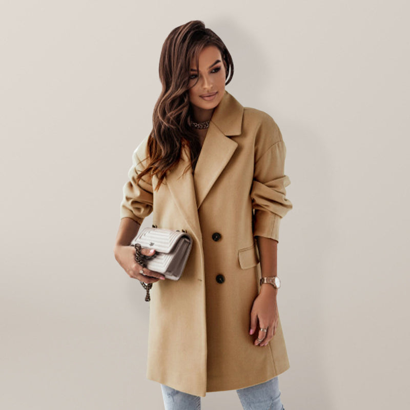 Wool Coat - Double-breasted Solid Colour