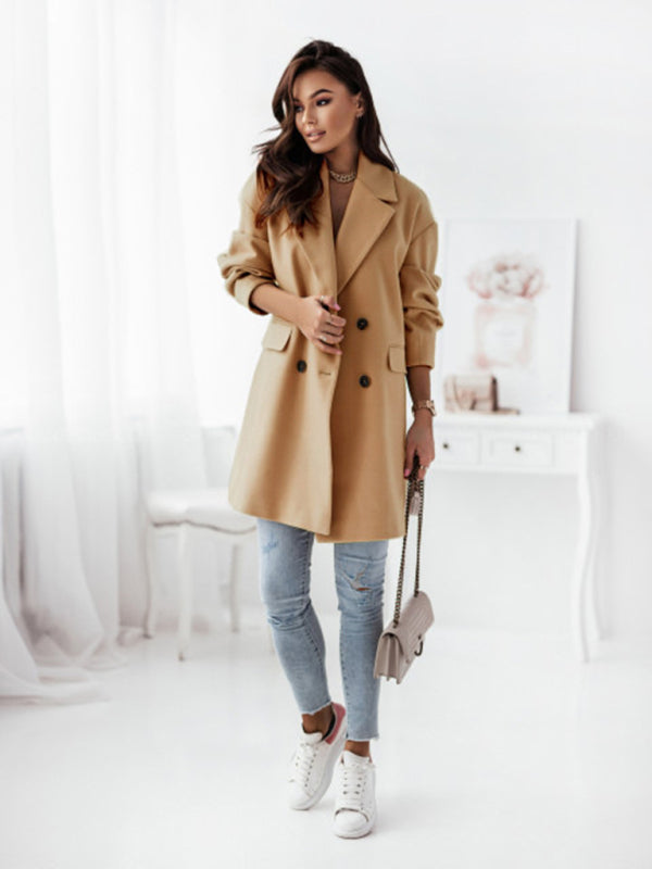 Wool Coat - Double-breasted Solid Colour