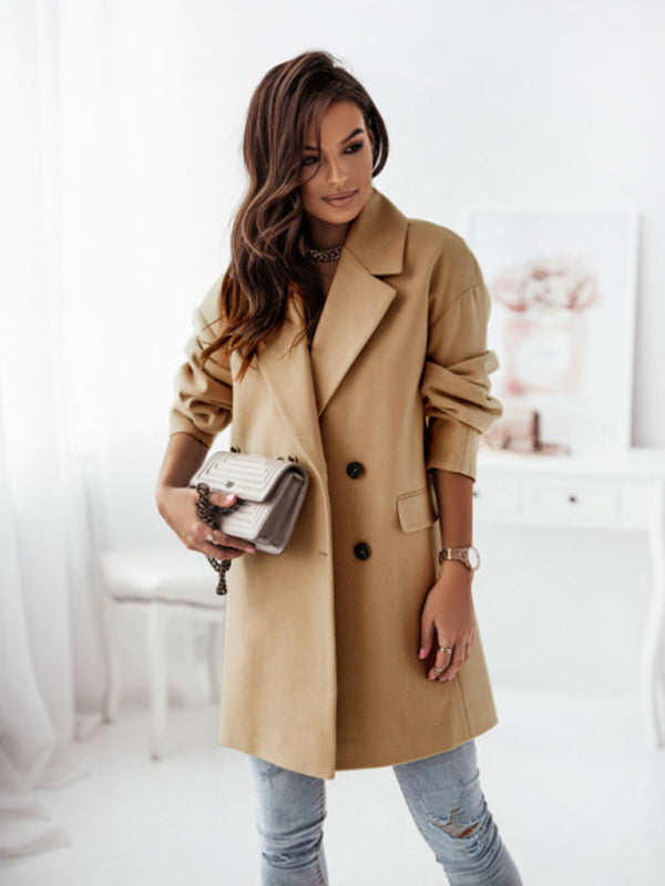 Wool Coat - Double-breasted Solid Colour