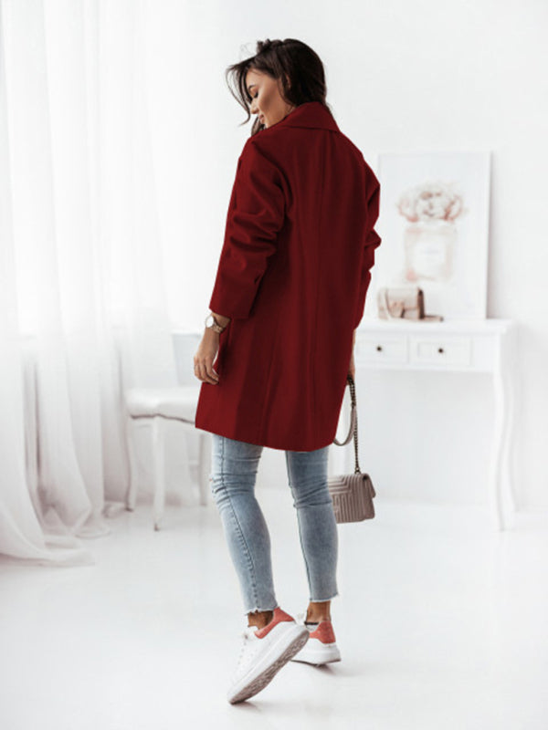 Wool Coat - Double-breasted Solid Colour