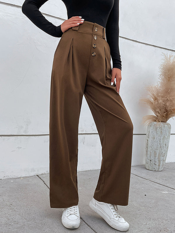 Trousers - High Waist Button Fly Wide Leg Trousers