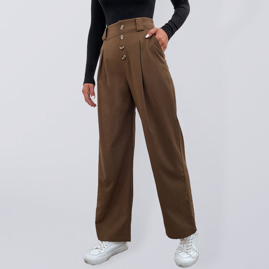 Trousers - High Waist Button Fly Wide Leg Trousers