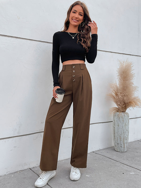 Trousers - High Waist Button Fly Wide Leg Trousers