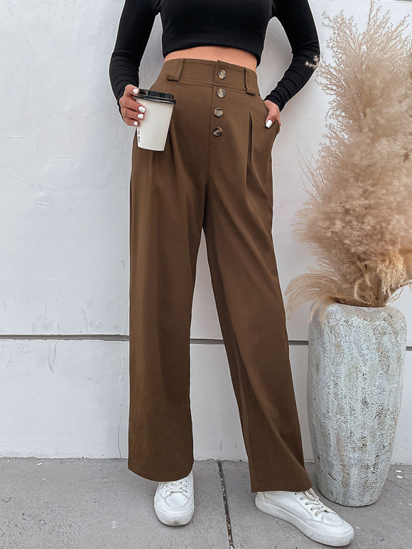 Trousers - High Waist Button Fly Wide Leg Trousers