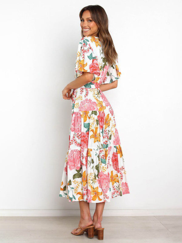 Women's Floral Print Flutter Sleeve Faux Wrap Midi Dress